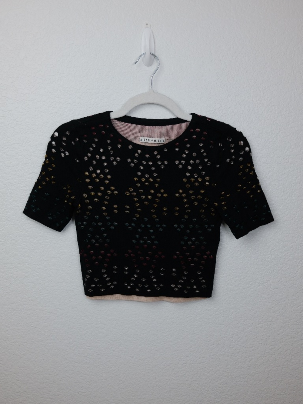 Alice + Olivia Ines Multicolor Pointelle Knit Crop Shirt Size XS